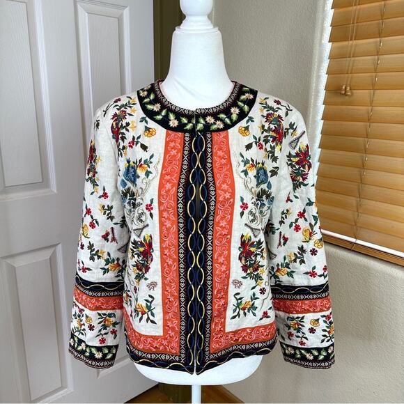 Alice + Olivia Esme Embroidered 100% Linen Cropped Jacket. Like New. - Picture 3 of 15